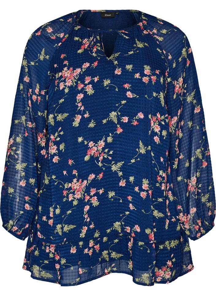 A-linjeformet tunika med blomsterprint, Bl&aring;, Packshot image number 0