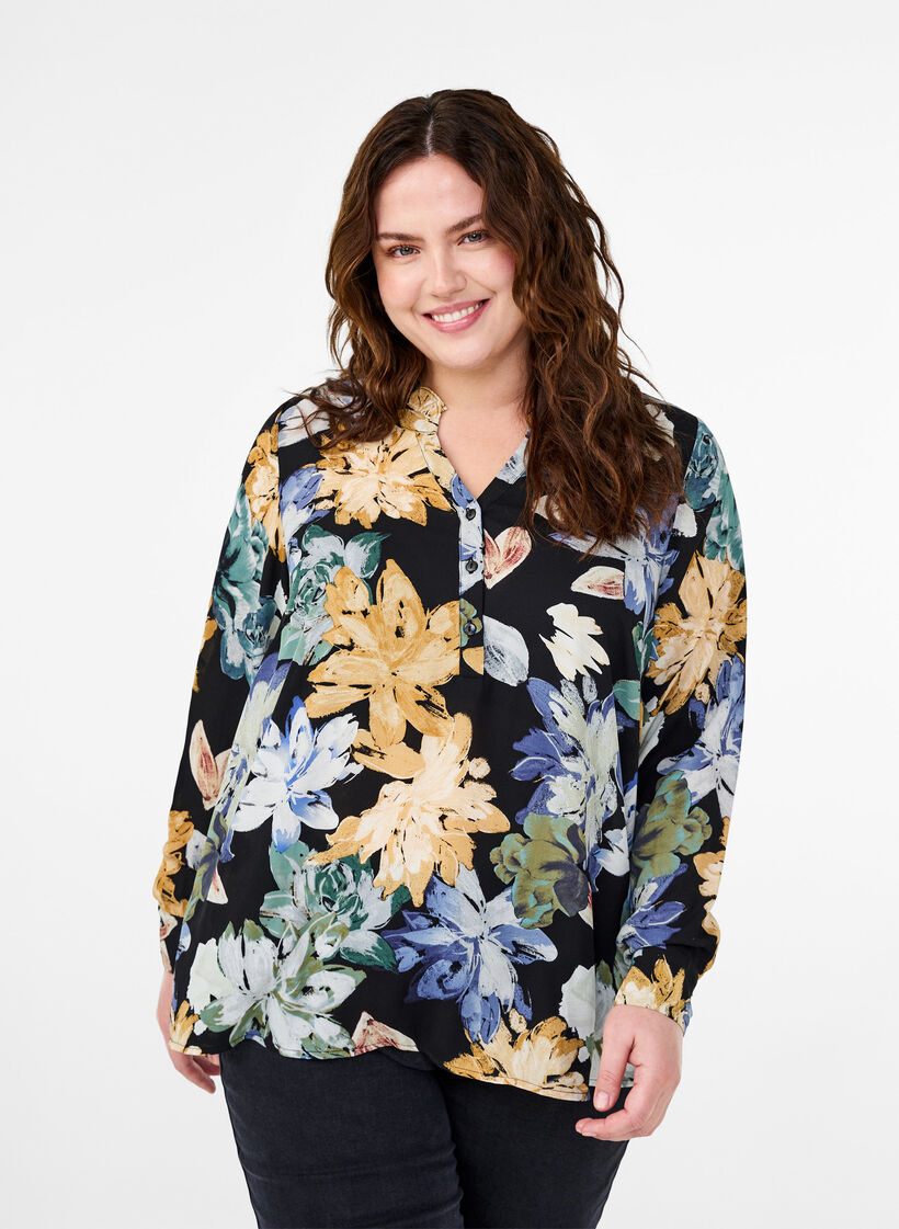 Langermet bluse med blomstertrykk, Yellow Flower AOP, Model image number 0