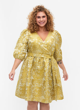 Kort omslagskjole med 3/4 ermer, Pear Liqueur, Model image number 0