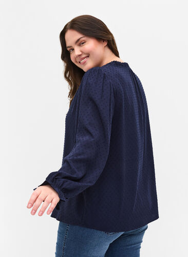 Langermet bluse med smock- og volangdetaljer, Navy Blazer, Model image number 1