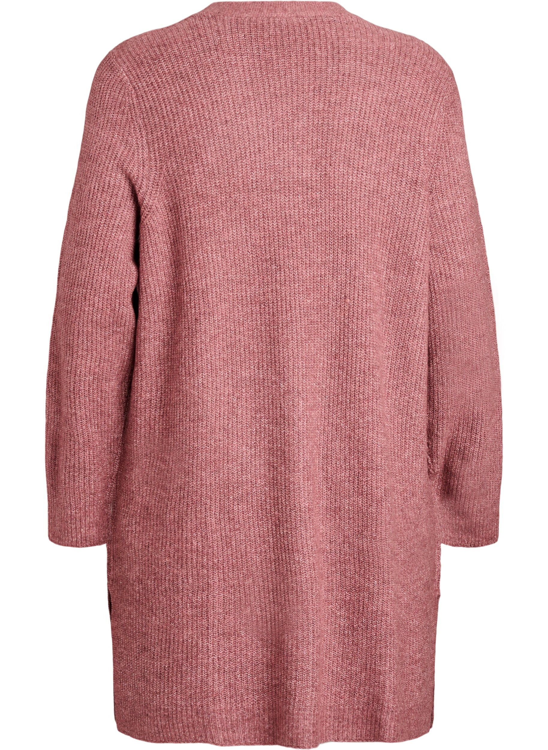 Zizzi Lang ribbestrikket cardigan med &aring;pen front, Rosa, Packshot image number 1