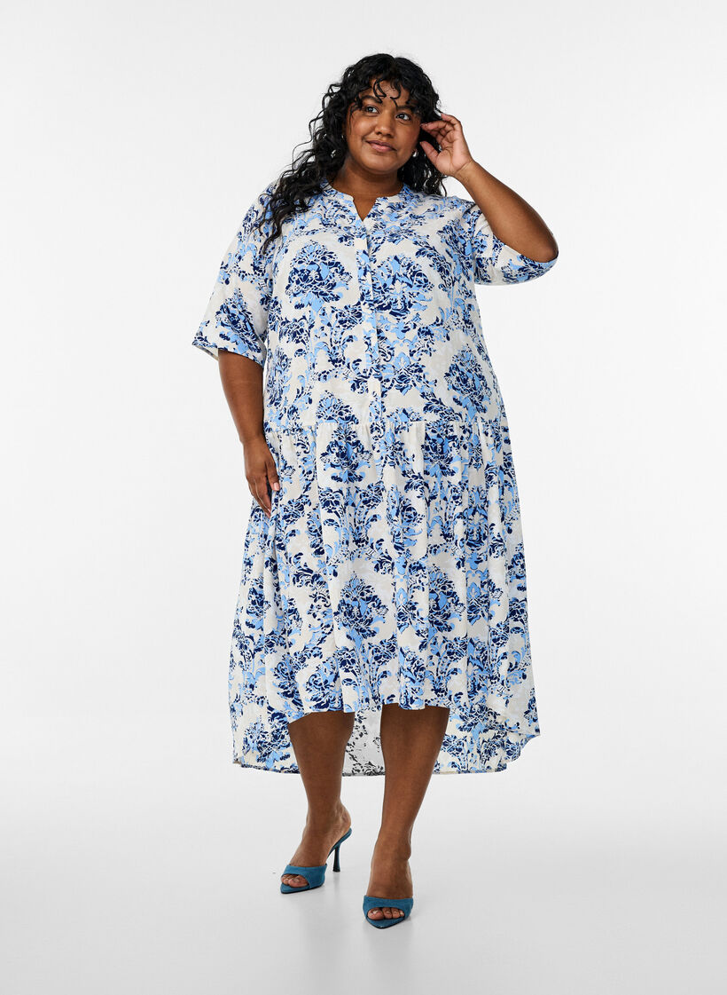 Midikjole i A-linje med korte ermer, Beige, Model image number 1