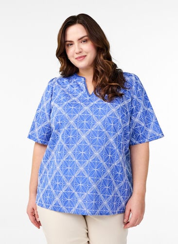 Zizzi Bluse med korte ermer og brodert mønster, Blå, Model image number 0