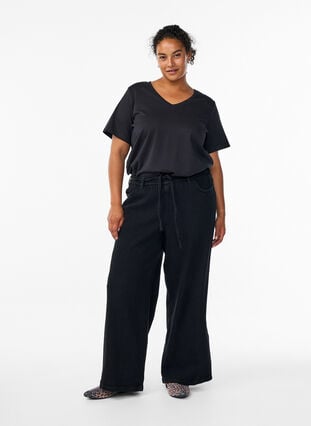Zizzi Loose fit-jeans med elastisk linning og snøring, Black Wash, Model image number 0