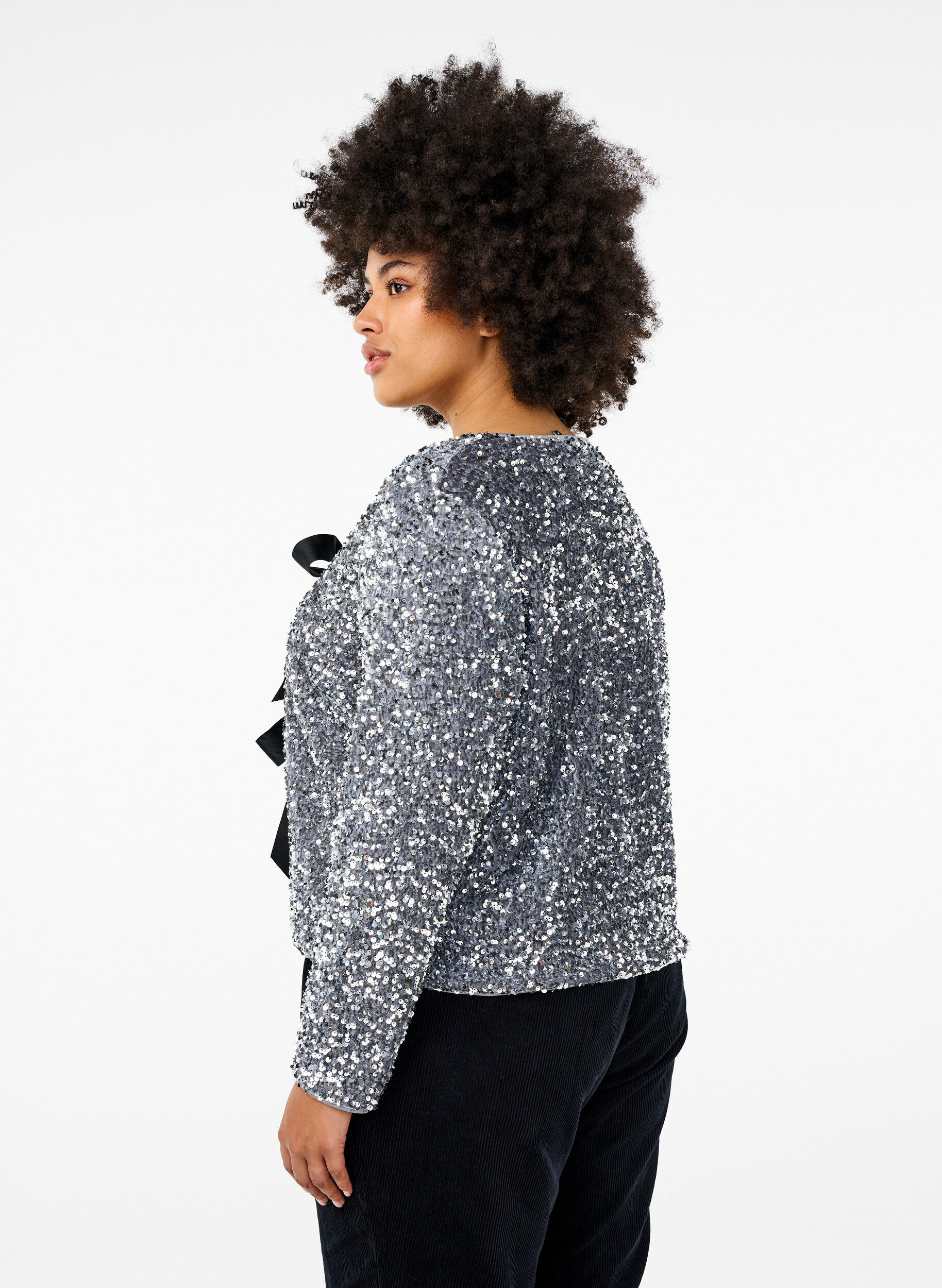 Zizzi Paljettbluse med knytedetaljer, Silver, Model image number 1