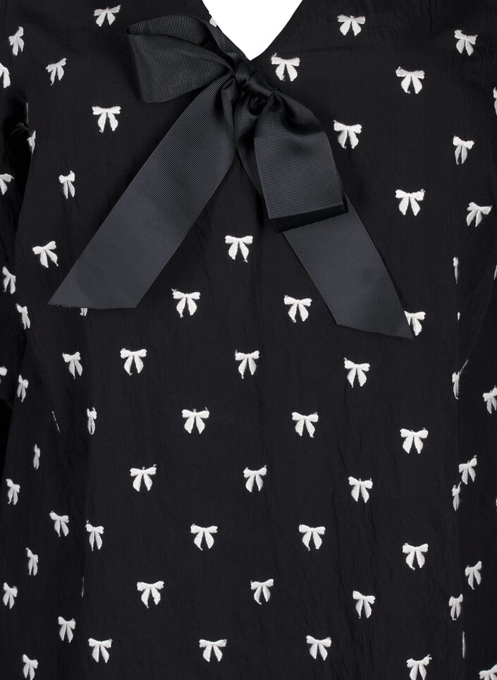 Bluse med sløyfer og 3/4-ermer, Black White Bow, Packshot image number 2