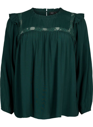 Viskosebluse med volanger og blonder, Scarab, Packshot image number 0