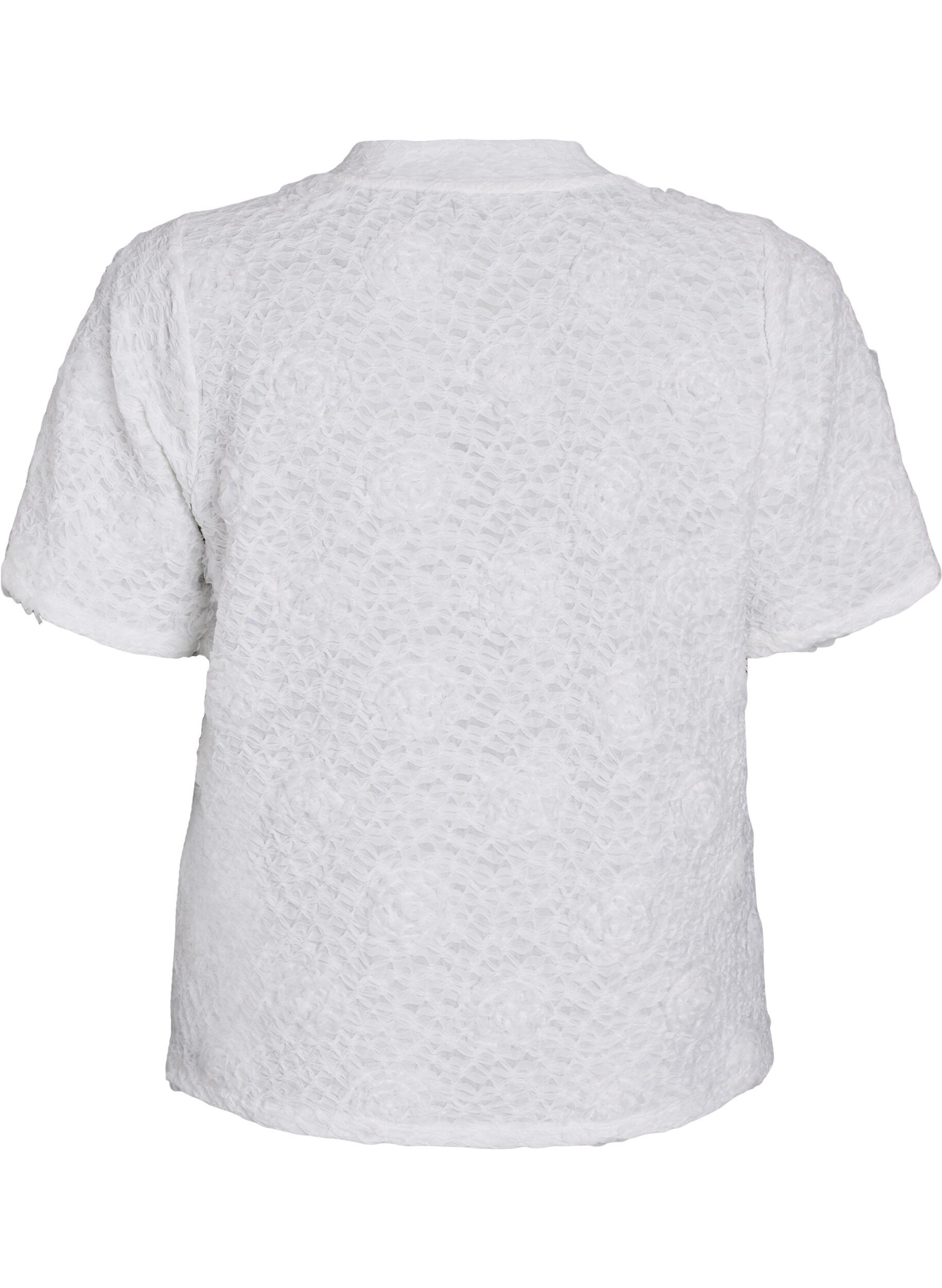 Zizzi Bluse med 3D-blomster og korte ermer, Hvit, Packshot image number 1
