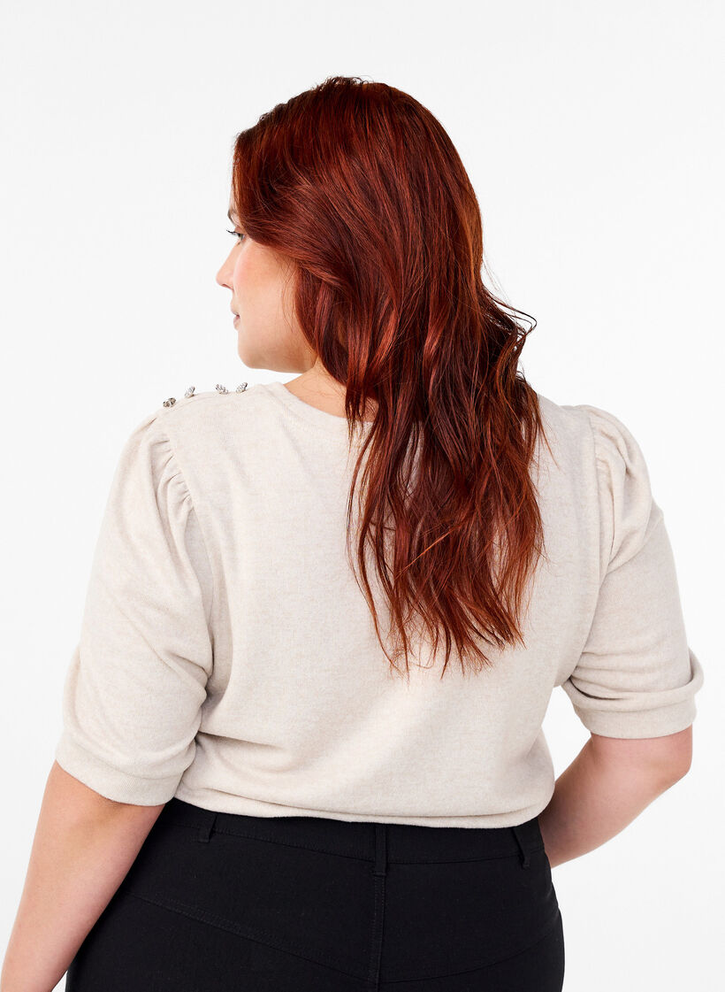 Bluse med knappedetaljer og korte puffermer, Beige, Model image number 2