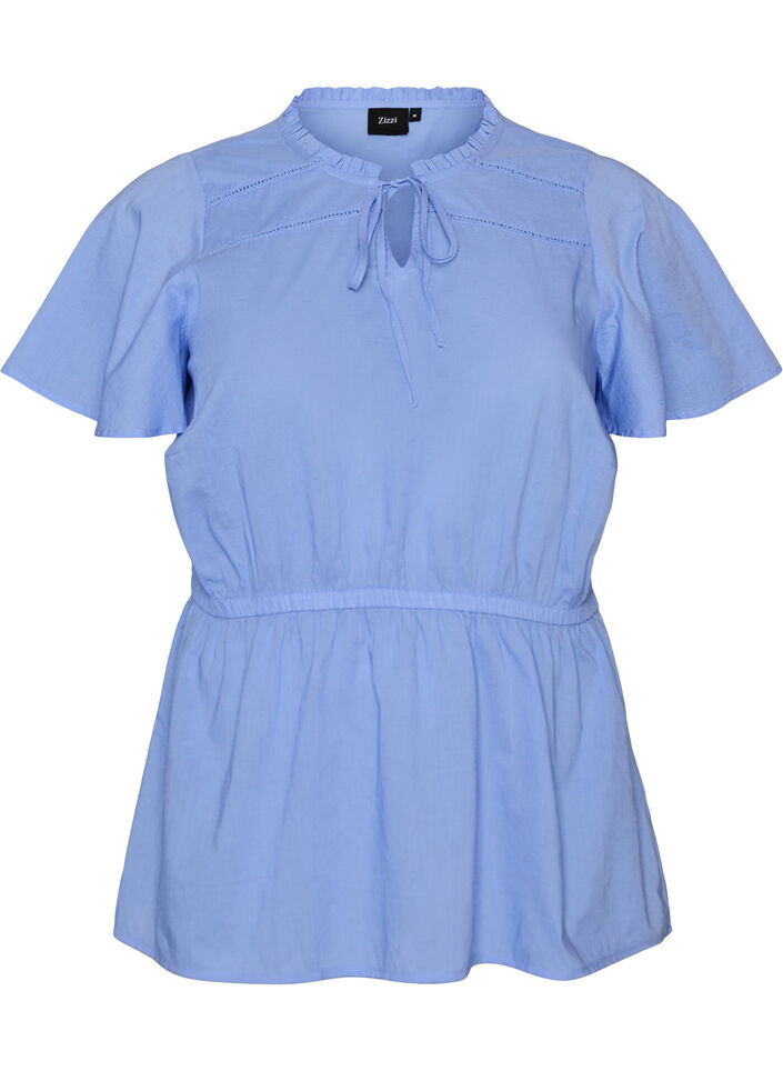 Bluse i bomull med knytesnor og elastisk midje, Bl&aring;, Packshot image number 0