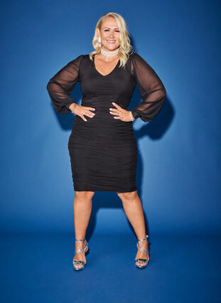 Zizzi Midi mesh kjole med draperinger, Black, Image image number 0