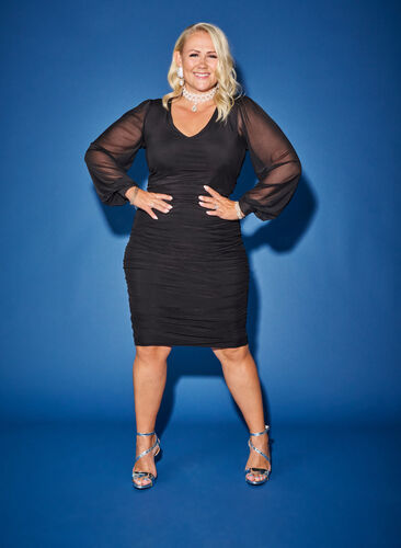 Zizzi Midi mesh kjole med draperinger, Black, Image image number 0