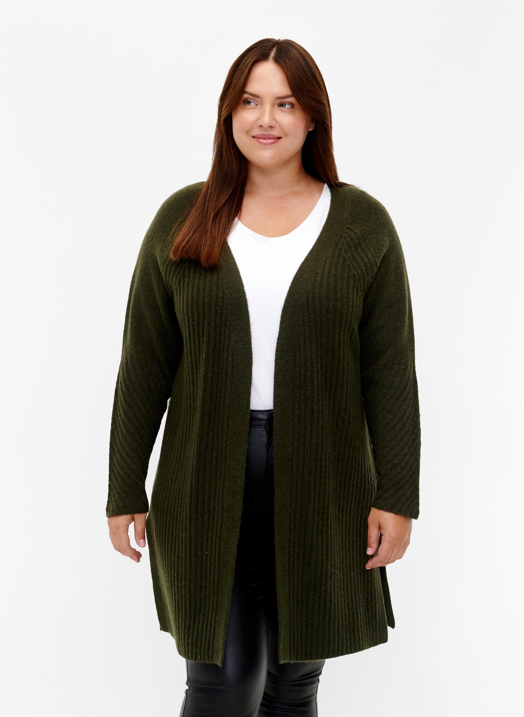 Zizzi Lang cardigan i ribbestrikk, Forest Night Mel., Model image number 0