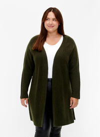 Lang cardigan i ribbestrikk, Forest Night Mel., Model