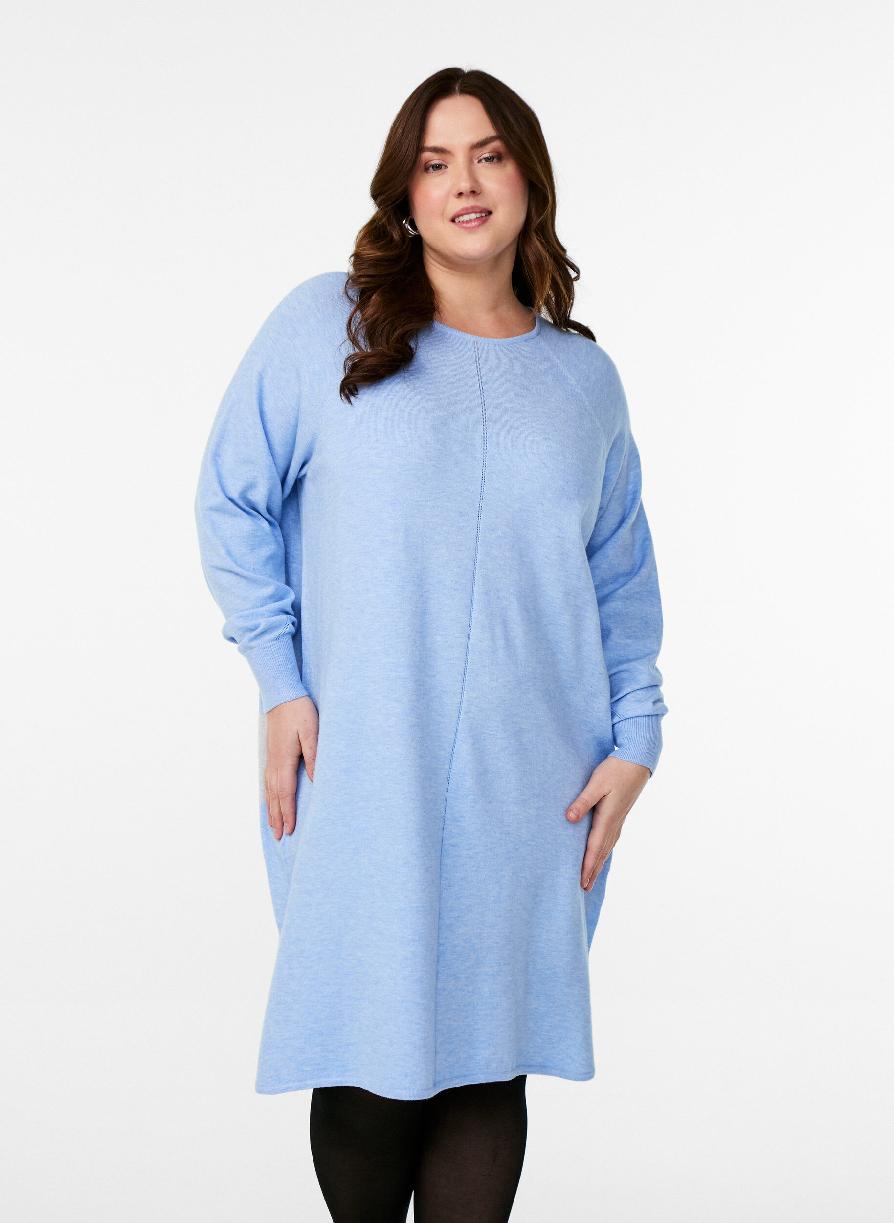 Zizzi Strikket kjole med rund hals og strikket m&oslash;nster, Della R. Blue Mel., Model image number 0