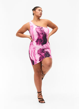 Tettsittende one-shoulder kjole med mønster, Raspberry Rose AOP, Model image number 3