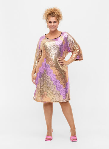 Paljettkjole med 3/4-ermer, Gold Mulit Sequins, Model image number 2