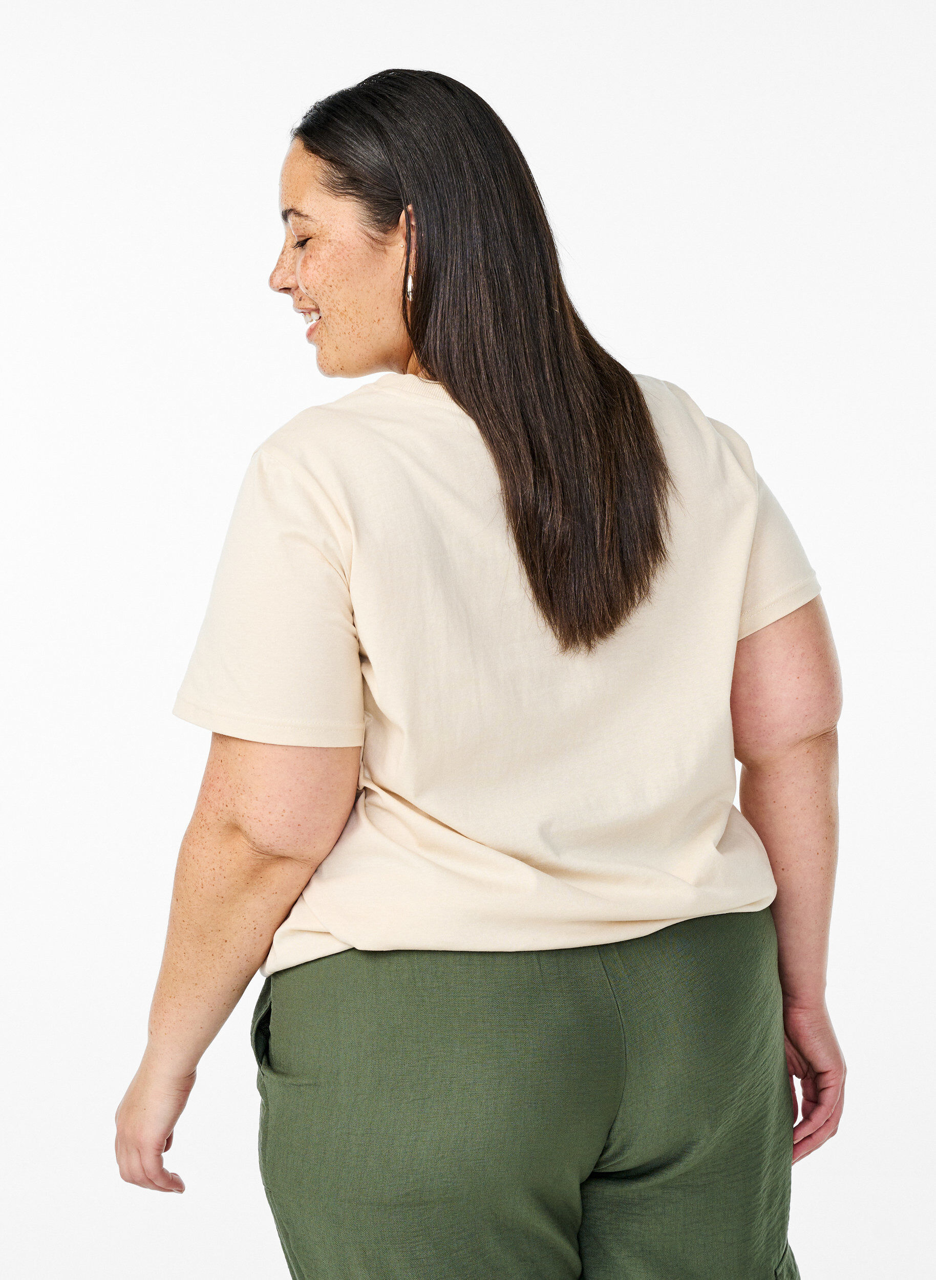 Zizzi Bomulls T-skjorte med trykk, Beige, Model image number 2