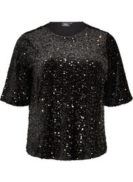 Paljettbluse med albuelange ermer, Svart