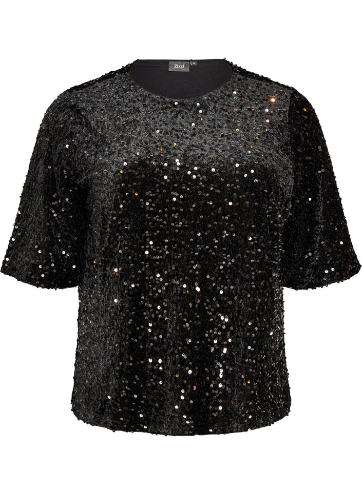 Paljettbluse med albuelange ermer, Svart, Packshot image number 0