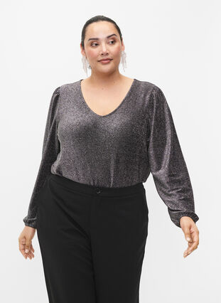 Glitterbluse med puffermer, Black Silver, Model image number 0