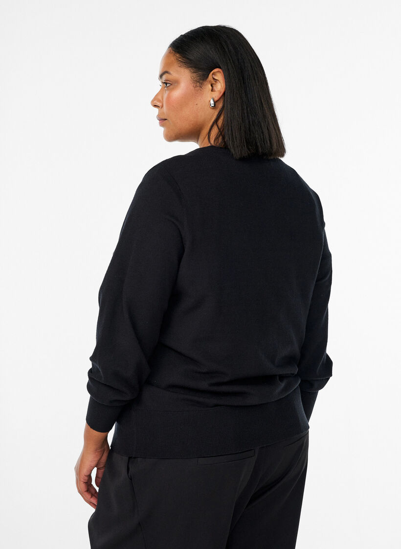 Cardigan med rund hals og stofftrukne knapper, Svart, Model image number 2