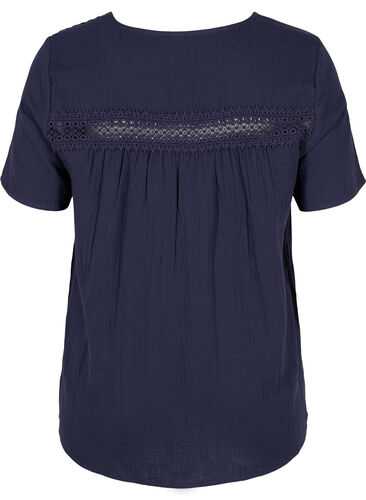 Kortermet bomullsbluse med blonder, Night Sky, Packshot image number 1