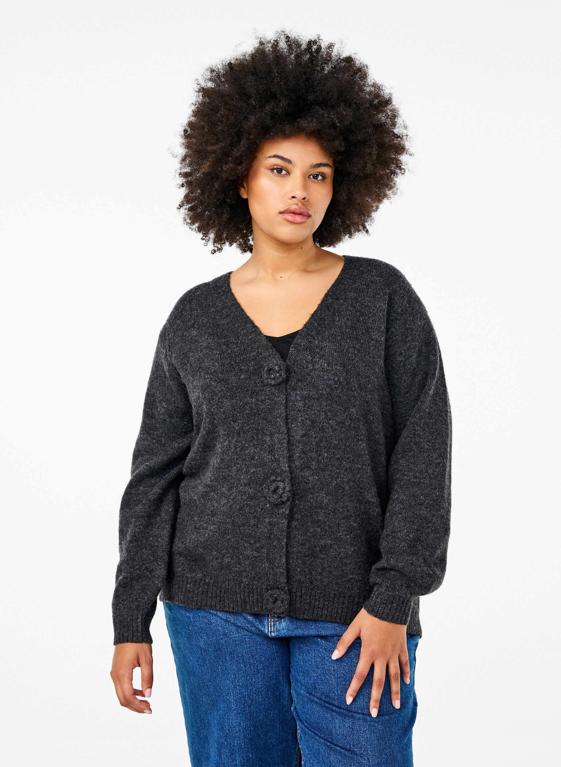 Zizzi Kort strikket cardigan med blomsterknapper, Dark Grey Melange, Model image number 0
