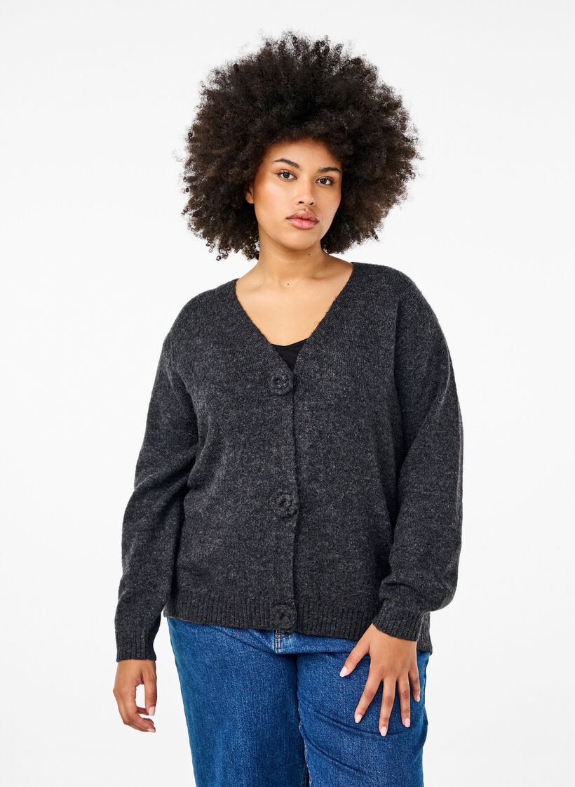 Kort strikket cardigan med blomsterknapper, Dark Grey Melange, Model image number 0