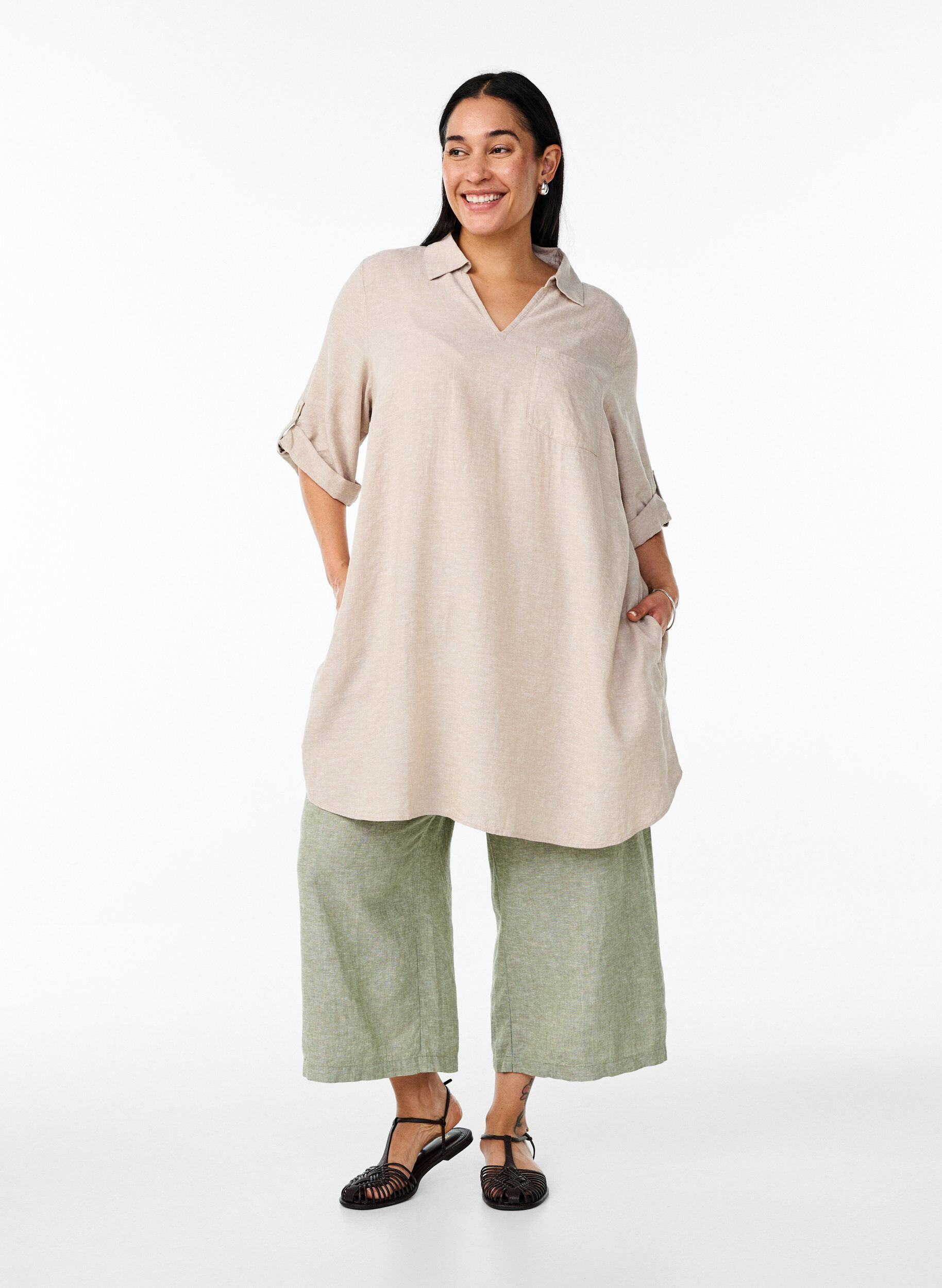 ZizziTunika i lin og viskose med A-form, Beige, Model image number 1