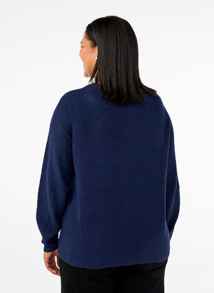 Zizzi Strikket bluse med v-hals og lange ermer, Naval A. Black Mel., Model image number 1