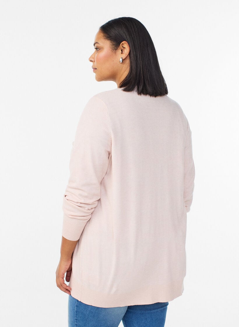 Lang &aring;pen strikket cardigan med lommer, Rosa, Model image number 2