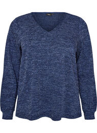 Jerseybluse med V-hals og lange ermer, Bl&aring;