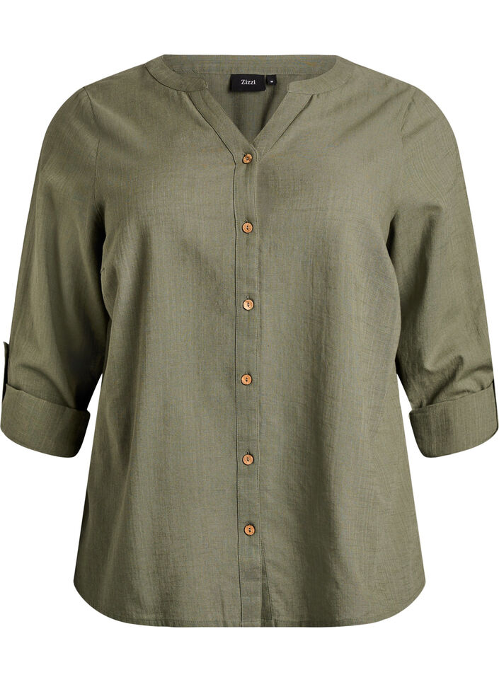 Bluse i bomull med V-hals, Gr&oslash;nn, Packshot image number 0