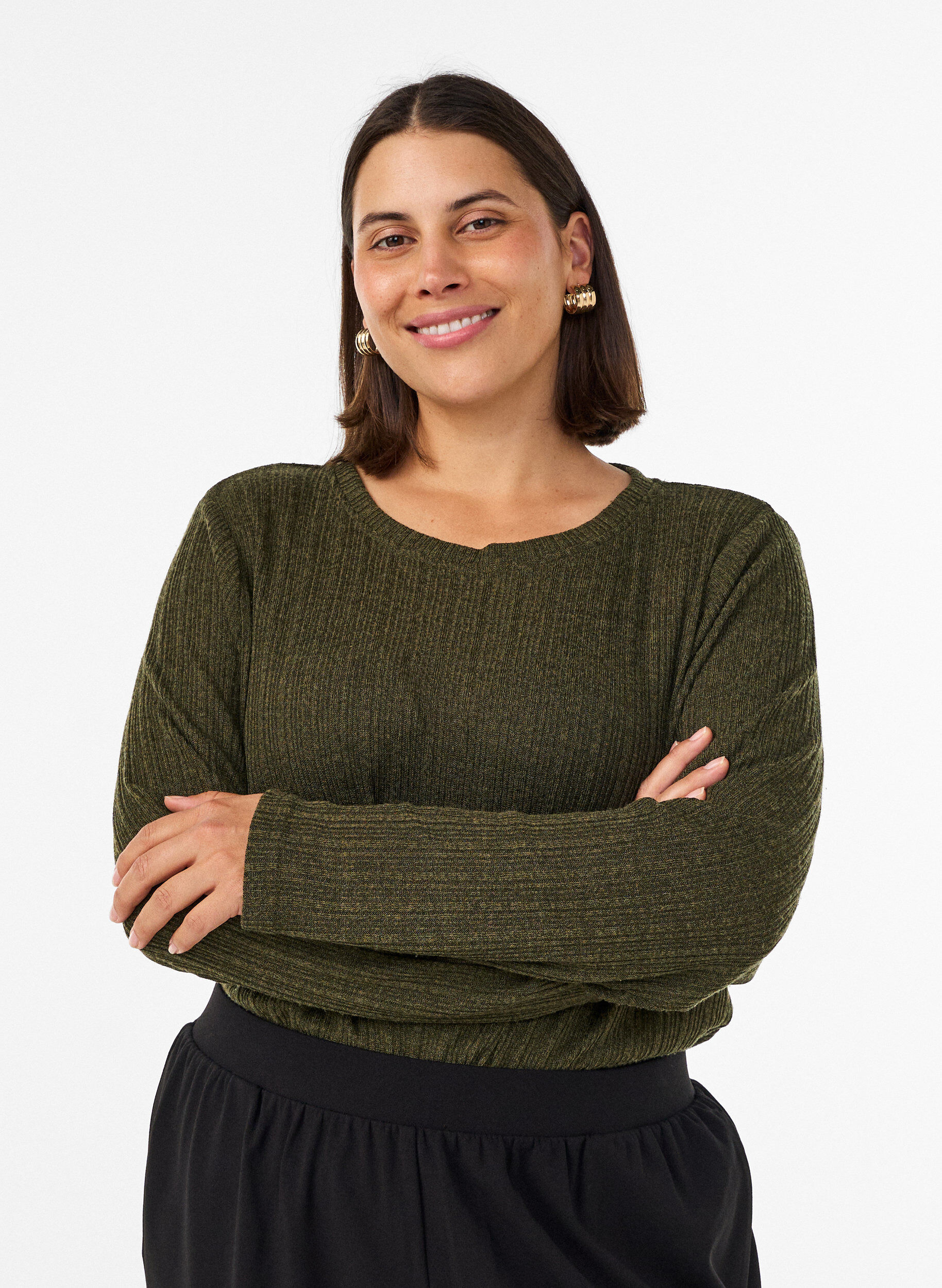 Jerseybluse med ribbestruktur og lange ermer, Gr&oslash;nn, Model