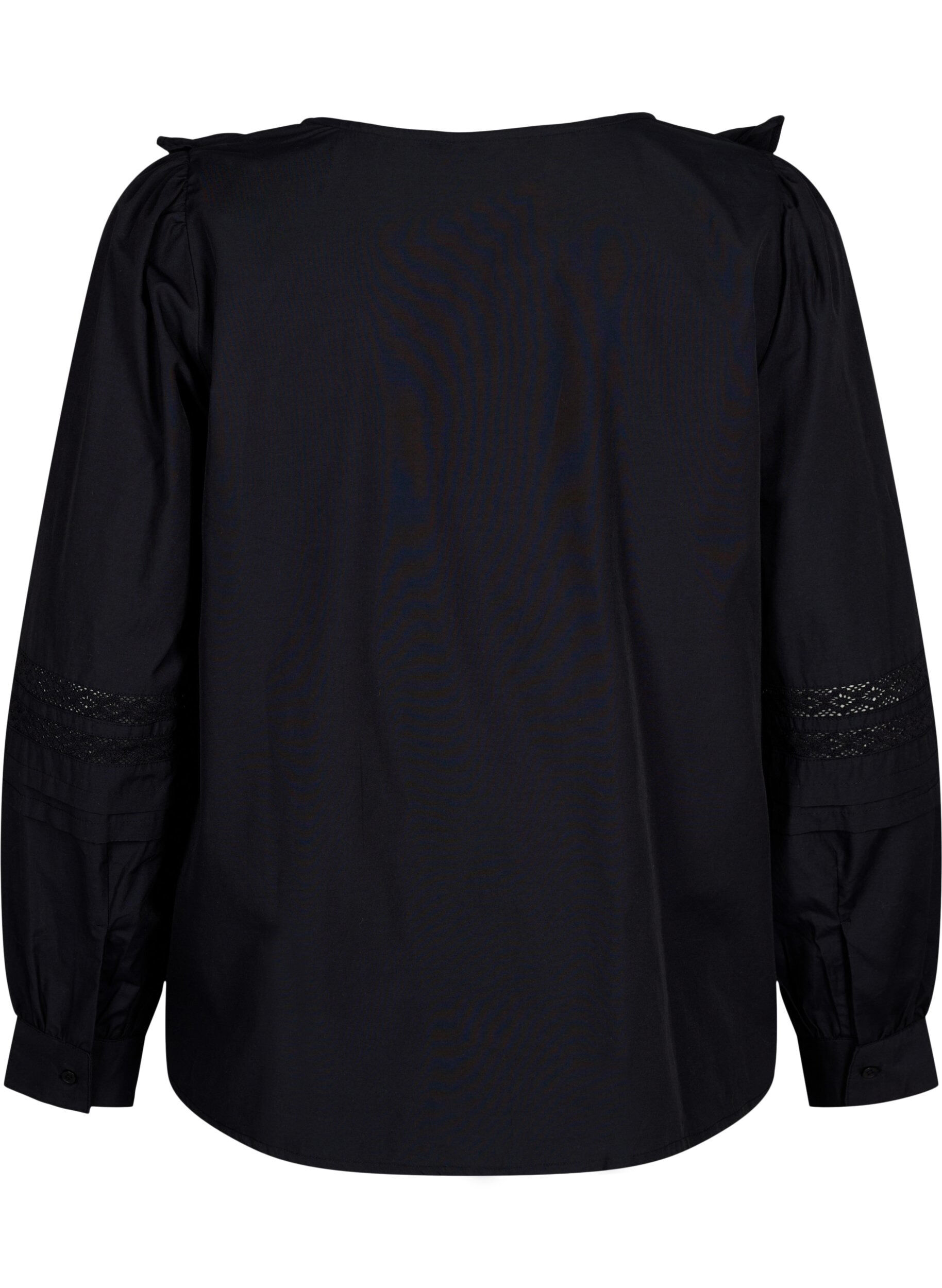 Zizzi Bluse med ruffles og blondestrikk, Svart, Packshot image number 1