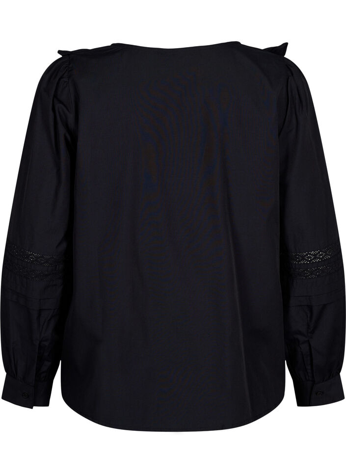 Bluse med ruffles og blondestrikk, Svart, Packshot image number 1