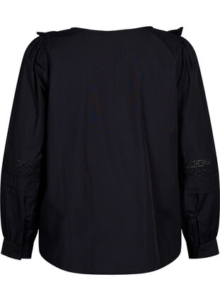 Bluse med ruffles og blondestrikk, Black, Packshot image number 1