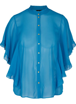 Kortermet bluse med volangdetaljer, Blue ASS, Packshot image number 0