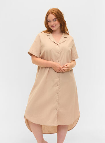 Lang bomullsskjorte med korte ermer, Humus, Model image number 0