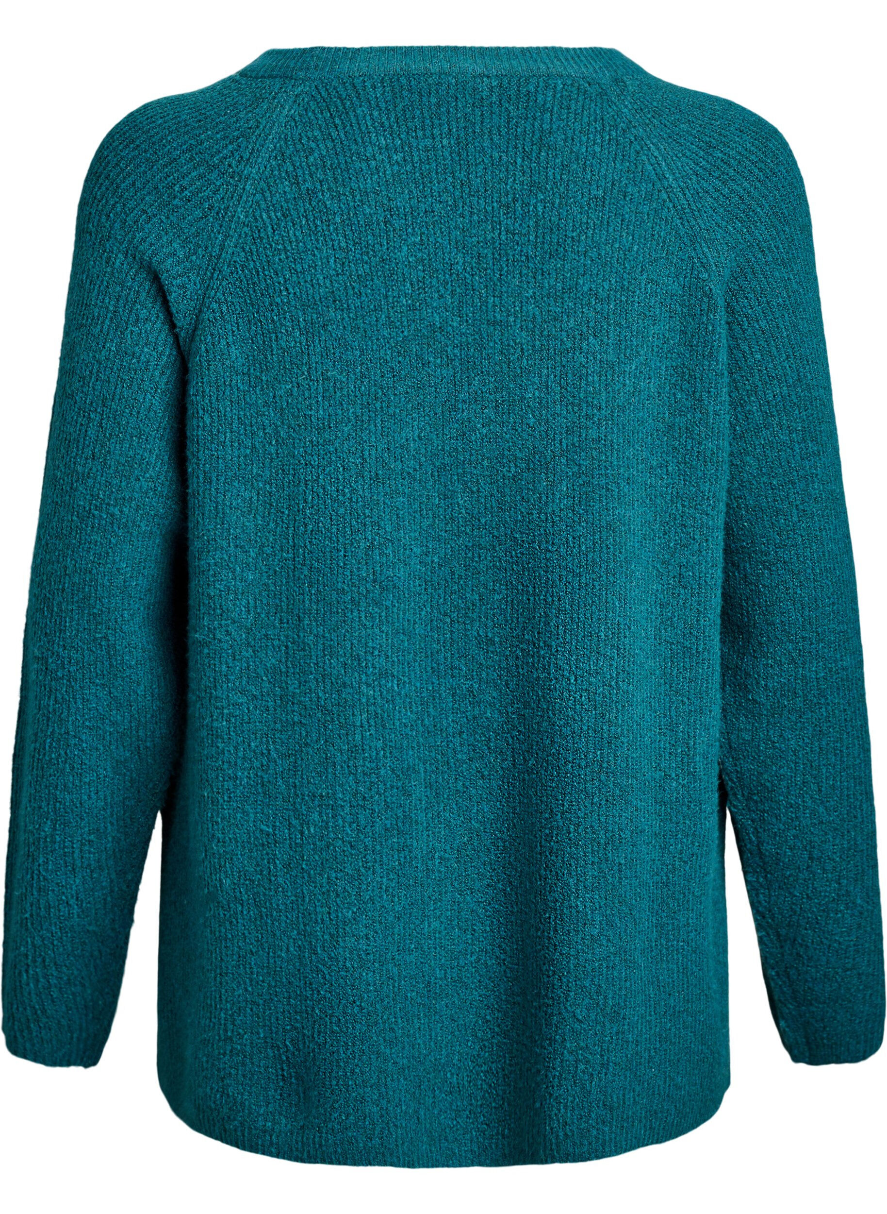 ZizziStrikkegenser med diagonalt m&oslash;nster og raglanermer, Gr&oslash;nn, Packshot image number 1