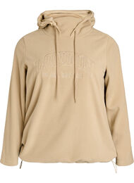 Fleece hettegenser med h&oslash;y hals og brodert tekst, Beige