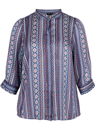 Mønstrete skjortebluse med 3/4 ermer, Blue Ethnic AOP, Packshot image number 0