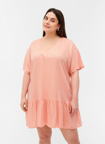Stripete viskosetunika med korte ermer, Orange Stripe, Model image number 0