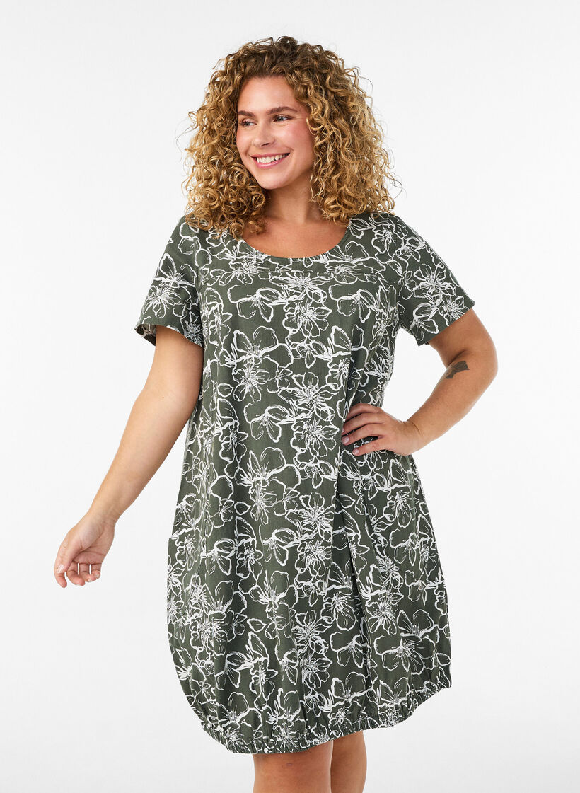 Kortermet bomullskjole med trykk, Gr&oslash;nn, Model image number 0