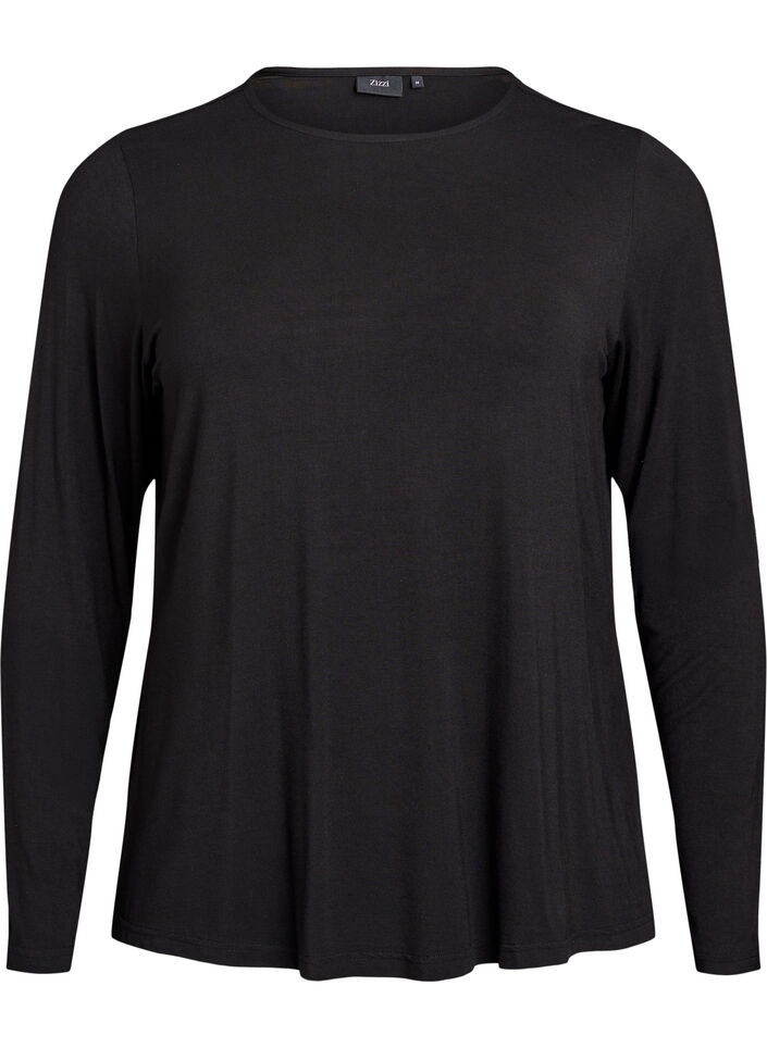Ensfarvet bluse med lange ermer, Svart, Packshot image number 0