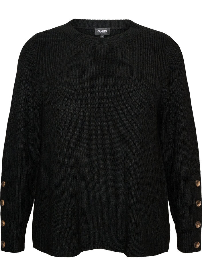 Strikket bluse med ribbestruktur og knappdetaljer, Svart, Packshot image number 0