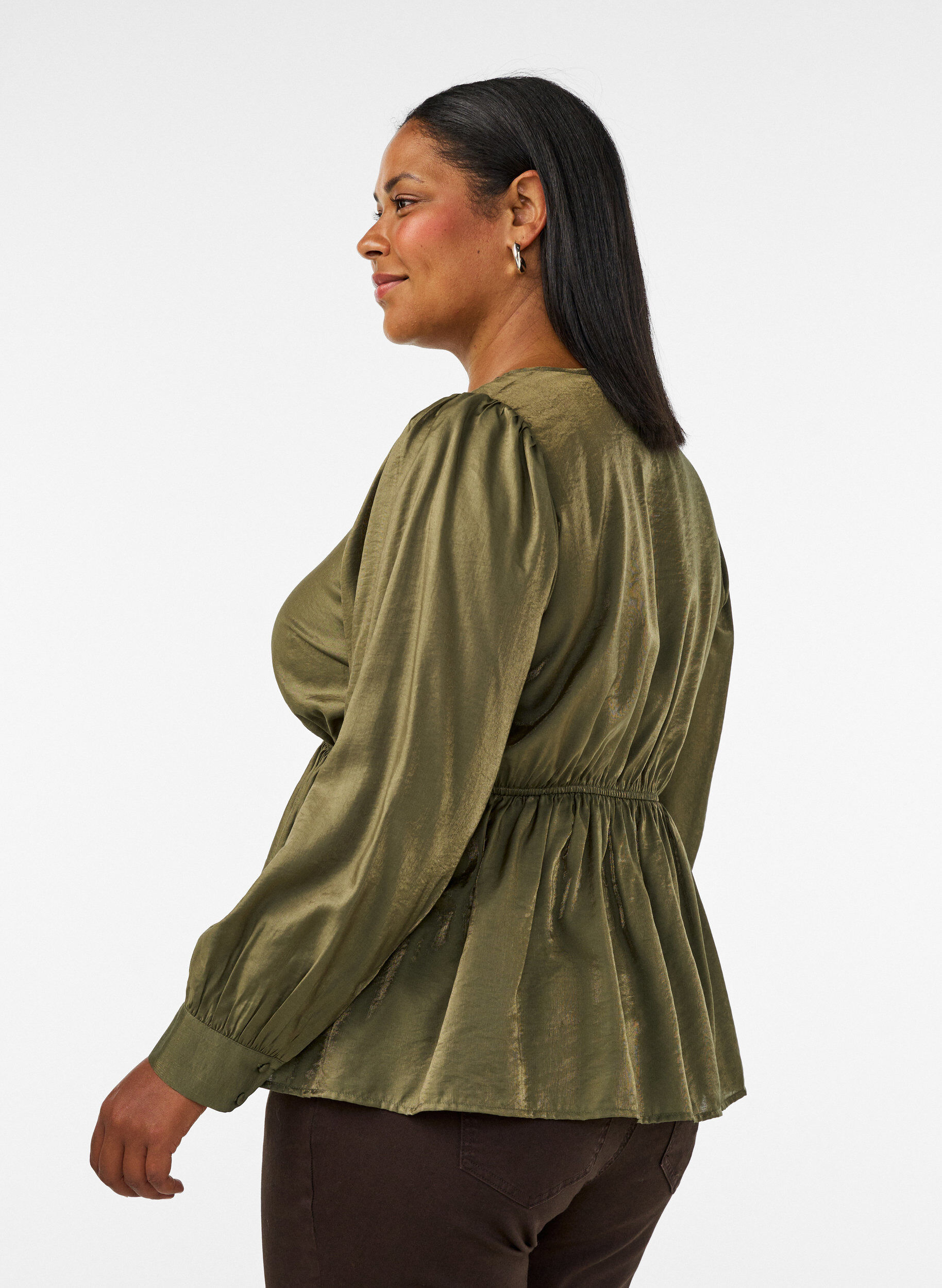 ZizziSkinnende viskosebluse med peplumeffekt, Gr&oslash;nn, Model image number 2