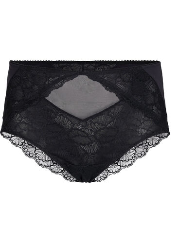 Truse med høyt liv, blonder og mesh, Black, Packshot image number 0