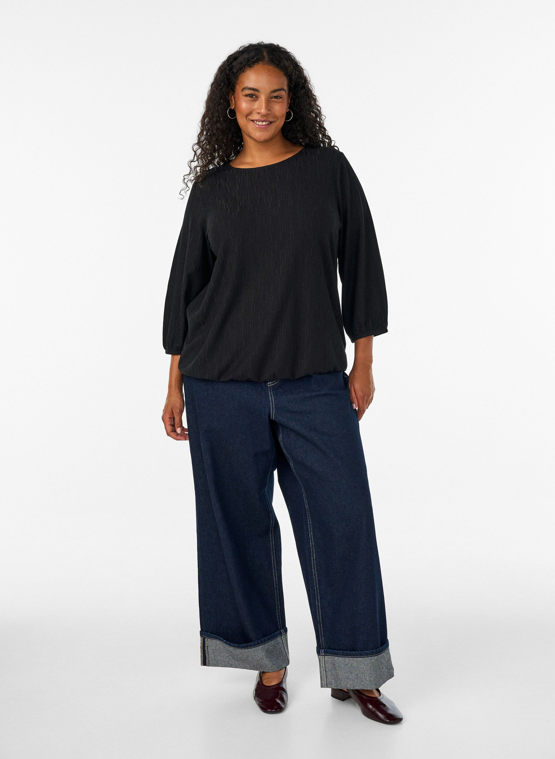 ZizziBluse med tekstur og 3/4 ermer, Svart, Model image number 1
